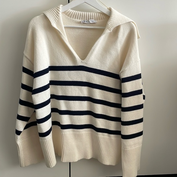 ZARA | Ecru Blue Striped Knit Polo Sweater - Picture 2 of 8